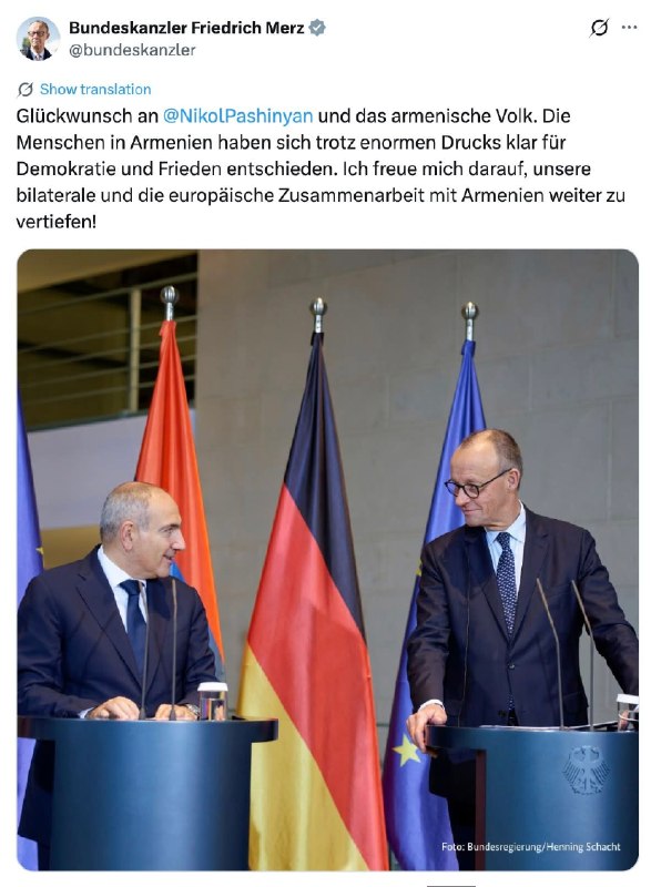 Канцлер Германии Мерц поздравил Пашиняна с победой на выборах: Лорийская область голосовала за мир