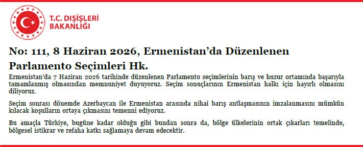 МИД Турции поздравил Армению с выборами 7 июня 2026 года и надеется на мирное соглашение